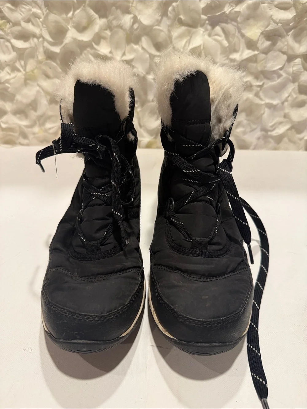 Sorel Black Winter Lace-Up Boots with White Faux Fur Trim